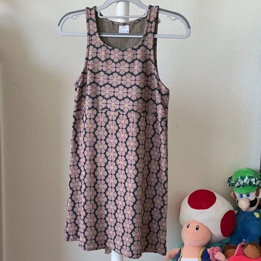 Zara Knitted Pink and Dark Green Floral Sleeveless Dress Size 11-12